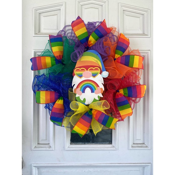 Everyone is Welcome Here Rainbow Gnome Pride Flag LGBTQ Sign Mesh Ribbon Wreath - Picture 1 of 9